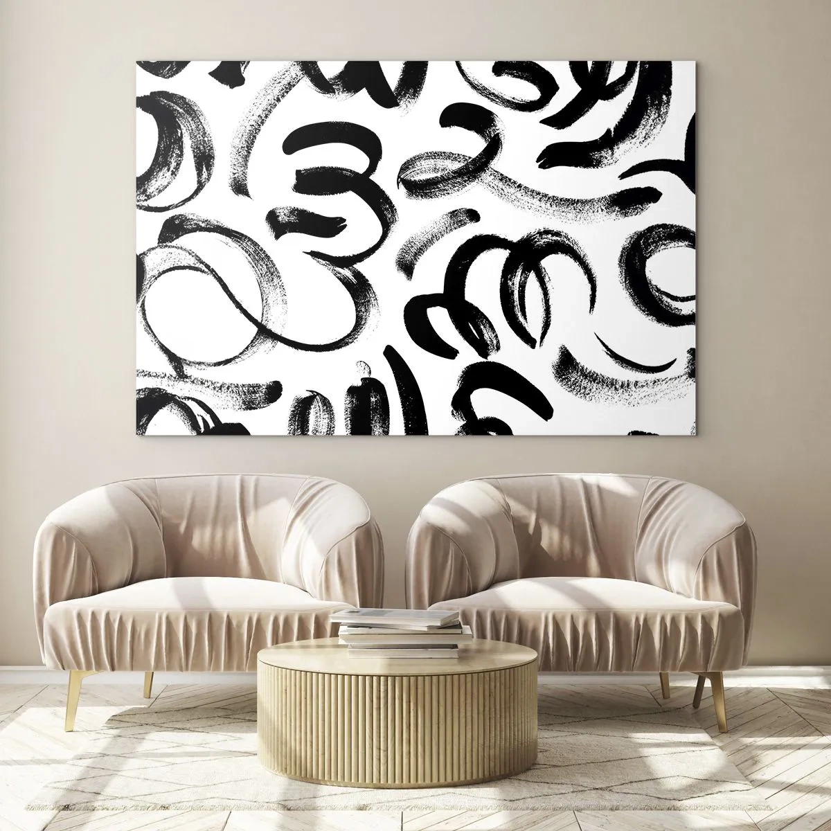 Cuadro sobre vidrio - Impresiones sobre Vidrio - Pinceladas abstractas en blanco y negro - 70x50cm - Negro sobre blanco - Decoración de pared moderna para salón y dormitorio ARTTOR