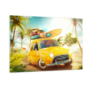 Cuadro sobre vidrio - Impresiones sobre Vidrio - Un coche amarillo con equipaje en el techo en una playa tropical. - 120x80cm - Un viaje para más de una sonrisa - Decoración de pared moderna para salón y dormitorio ARTTOR