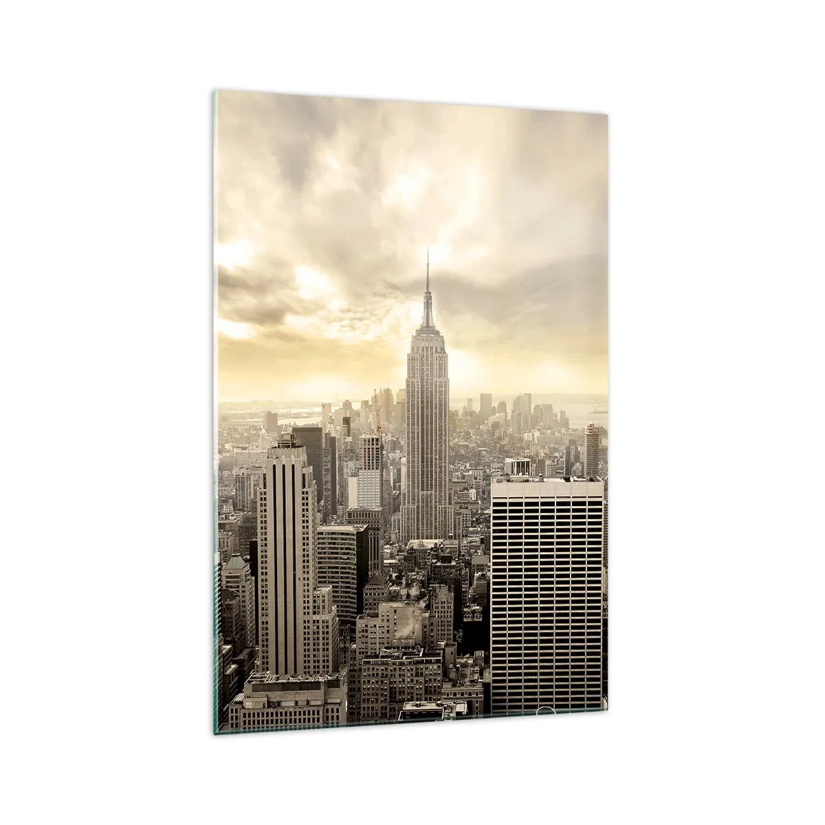 Cuadro sobre vidrio - Impresiones sobre Vidrio - Panorama de la ciudad con vista al Empire State Building - 70x100cm - Tejido neoyorquino en tonos grises - Decoración de pared moderna para salón y dormitorio ARTTOR