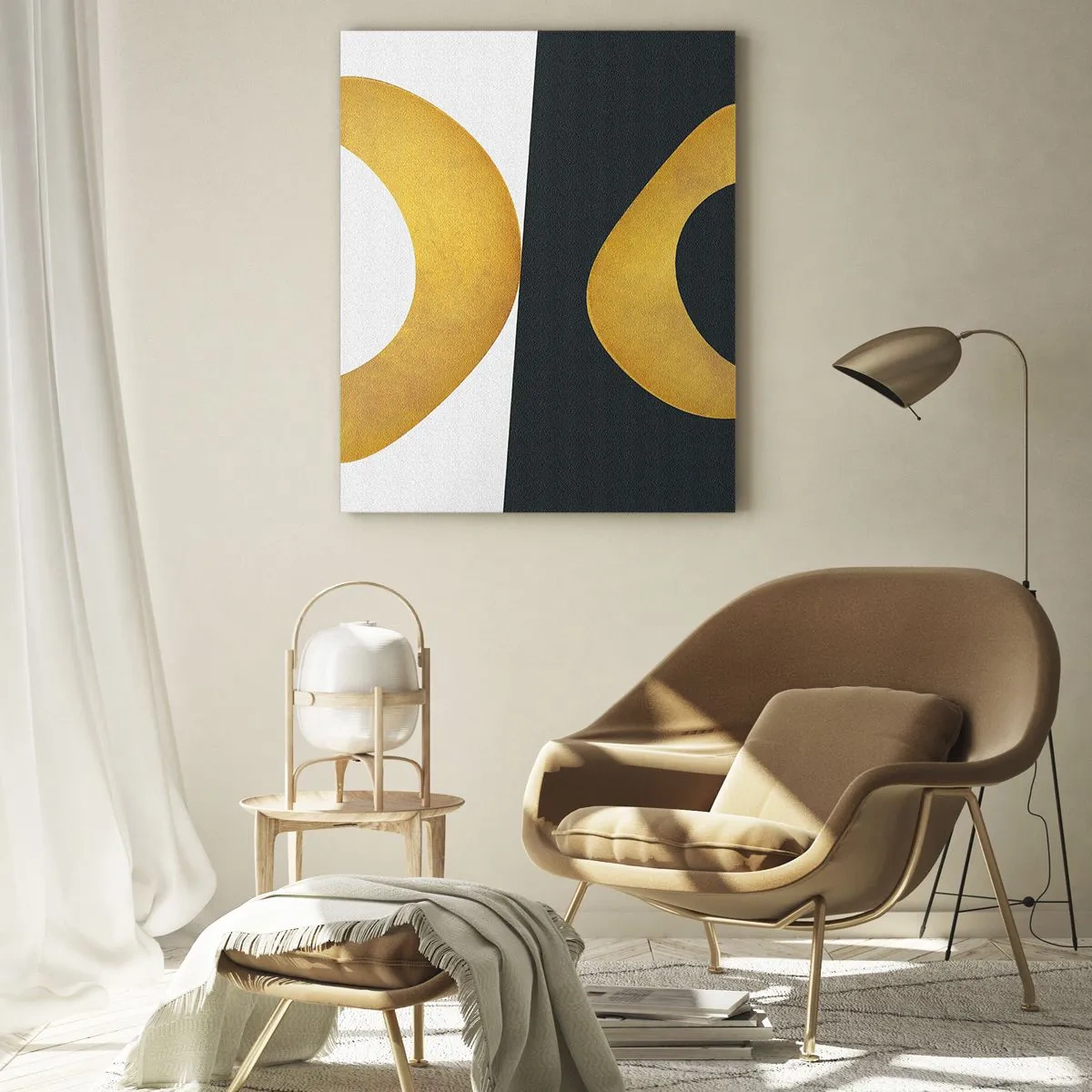 Cuadro sobre vidrio - Impresiones sobre Vidrio - Formas geométricas doradas sobre un fondo blanco y negro. - 50x70cm - Blanco, negro, dorado - Decoración de pared moderna para salón y dormitorio ARTTOR