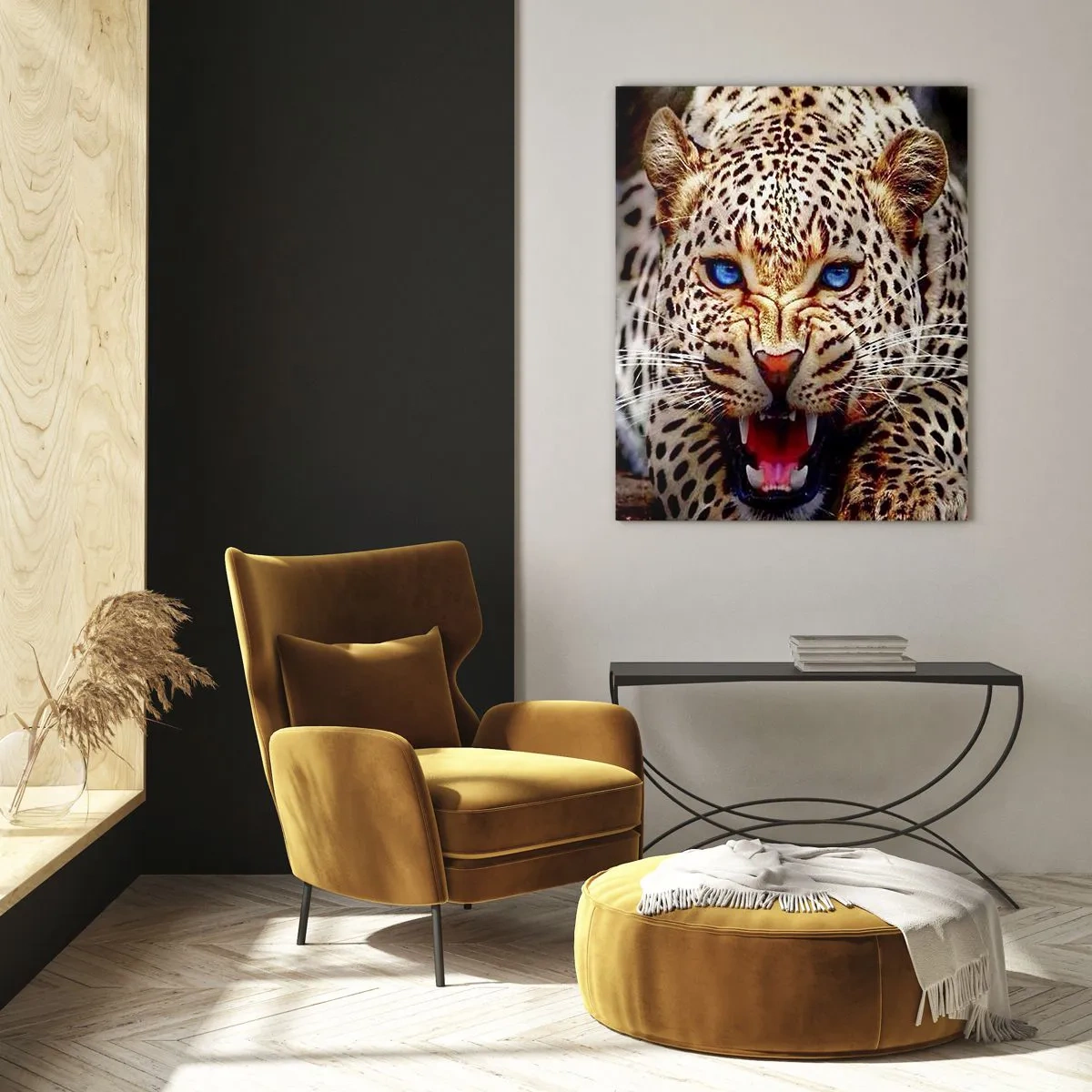 Cuadro sobre vidrio - Impresiones sobre Vidrio - Un feroz leopardo de ojos azules en estado salvaje. - 50x70cm - La ira no daña la belleza - Decoración de pared moderna para salón y dormitorio ARTTOR