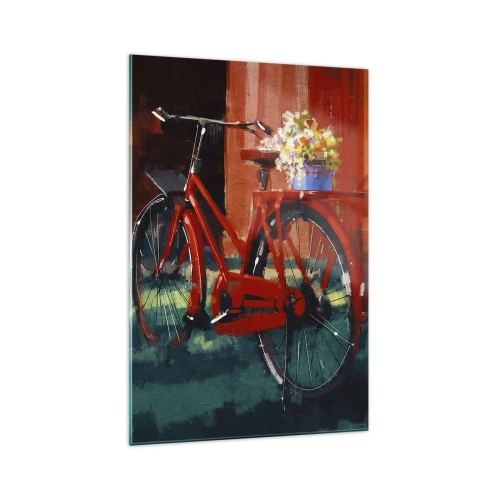Cuadro sobre vidrio - Impresiones sobre Vidrio - Una bicicleta roja con flores contra una pared naranja. - 70x100cm - Quiero ir en bicicleta - Decoración de pared moderna para salón y dormitorio ARTTOR