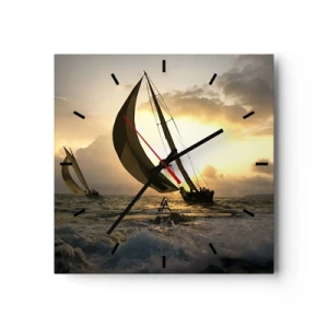 Reloj de pared - Reloj de vidrio - Veleros en el mar durante la puesta de sol - 30x30cm - En contra y a favor del viento - Decoración de pared moderna para salón y dormitorio ARTTOR