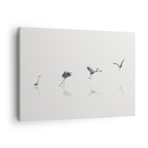 Cuadro sobre lienzo - Impresión de Imagen - Cuatro siluetas de aves reflejadas en el agua tranquila. - 70x50cm - Cuatro sencillos pasos para despegar - Decoración de pared moderna para salón y dormitorio ARTTOR