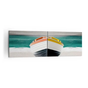 Cuadro sobre lienzo - Impresión de Imagen - Un barco en la playa con un mar turquesa al fondo. - 160x50cm - En su lugar exacto - Decoración de pared moderna para salón y dormitorio ARTTOR