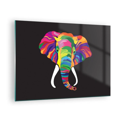 Cuadro sobre vidrio - Impresiones sobre Vidrio - Un elefante colorido sobre un fondo negro en un estilo artístico. - 70x50cm - El elefante al que le gustaba bañarse en el arco iris - Decoración de pared moderna para salón y dormitorio ARTTOR