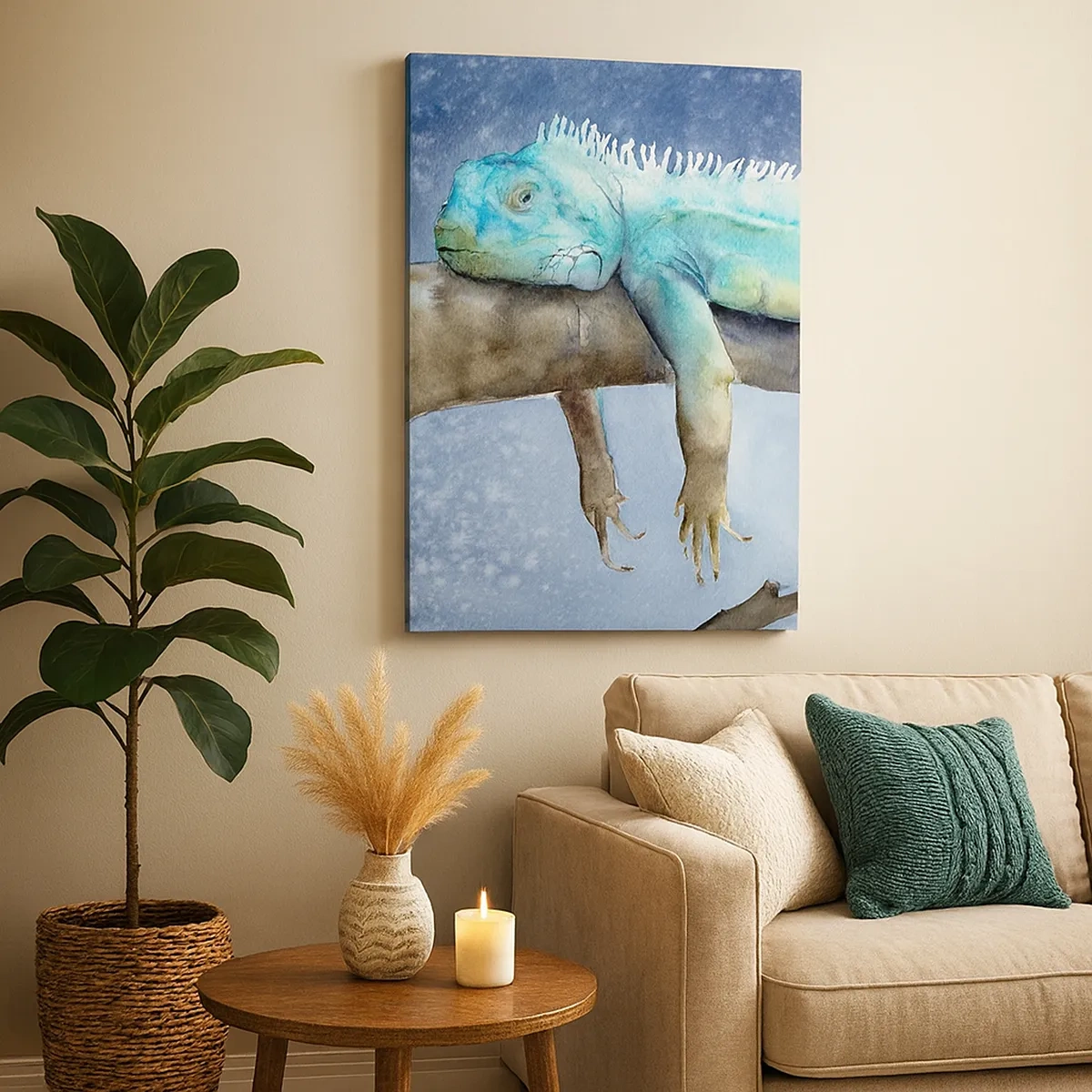 Cuadro sobre lienzo - Impresión de Imagen - Iguana azul descansando en una rama - 50x70cm - Me siento bien, ¿y tú? - Decoración de pared moderna para salón y dormitorio ARTTOR
