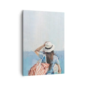 Cuadro sobre lienzo - Impresión de Imagen - Una mujer con sombrero frente al mar azul. - 50x70cm - Bienvenida a tus vacaciones - Decoración de pared moderna para salón y dormitorio ARTTOR