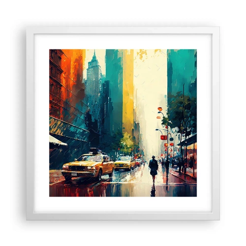 Póster en marco blanco - Nueva York - hasta la lluvia es colorida - 40x40 cm
