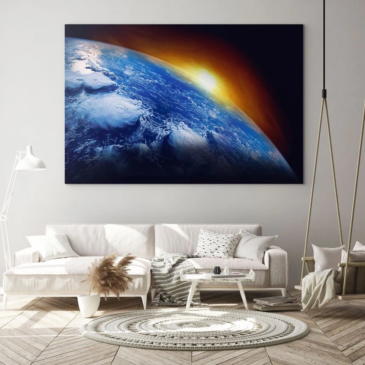 Cuadro sobre vidrio - Impresiones sobre Vidrio - La Tierra en el espacio iluminada por los rayos del sol. - 70x50cm - Amanecer en un planeta azul - Decoración de pared moderna para salón y dormitorio ARTTOR