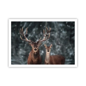 Póster - Ciervos en un bosque invernal cubierto de nieve - 100x70cm - El señor y la señora del bosque - Decoración de pared moderna para salón y dormitorio ARTTOR