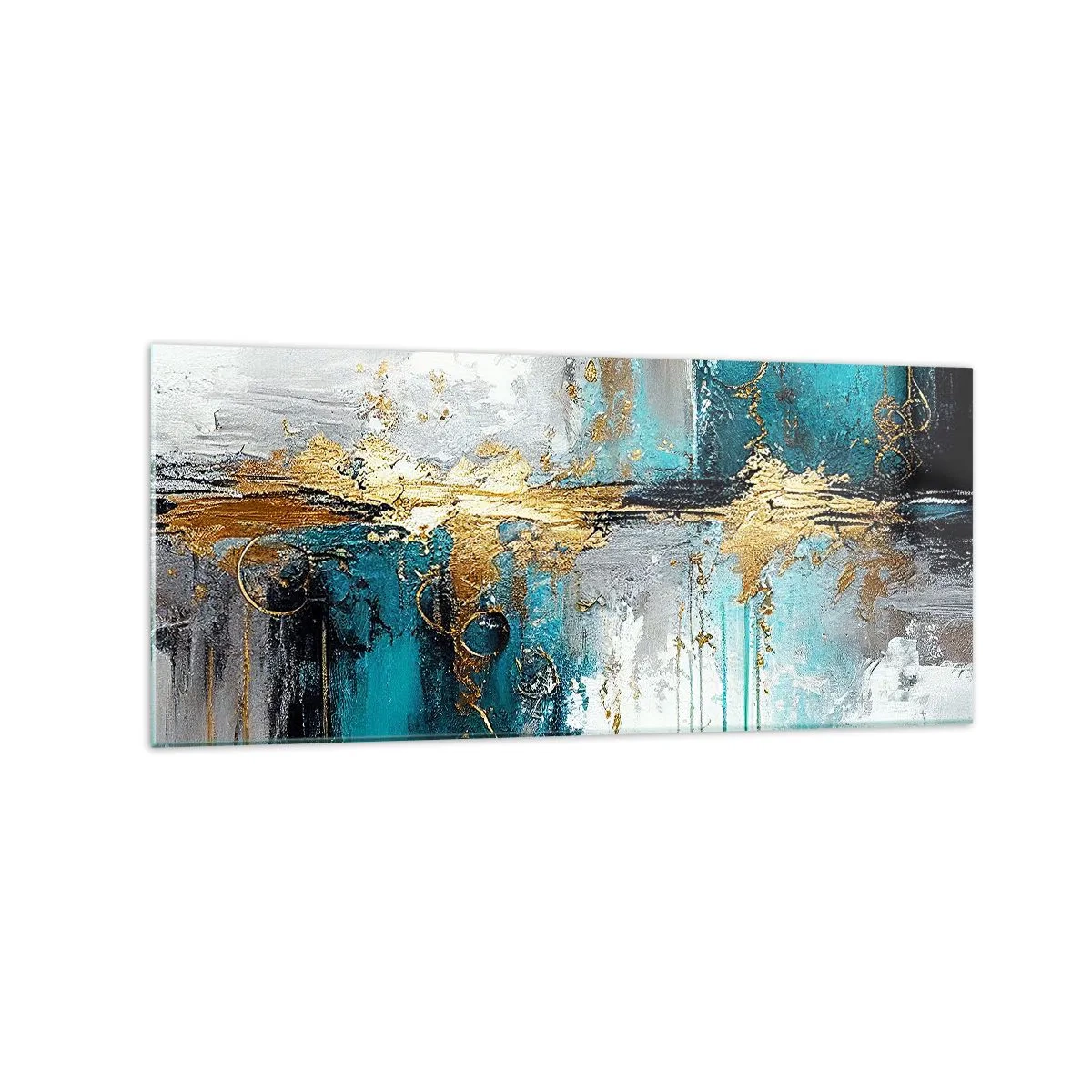 Cuadro sobre vidrio - Impresiones sobre Vidrio - Una composición abstracta con acentos turquesa y dorado. - 120x50cm - Todo fluye - Decoración de pared moderna para salón y dormitorio ARTTOR
