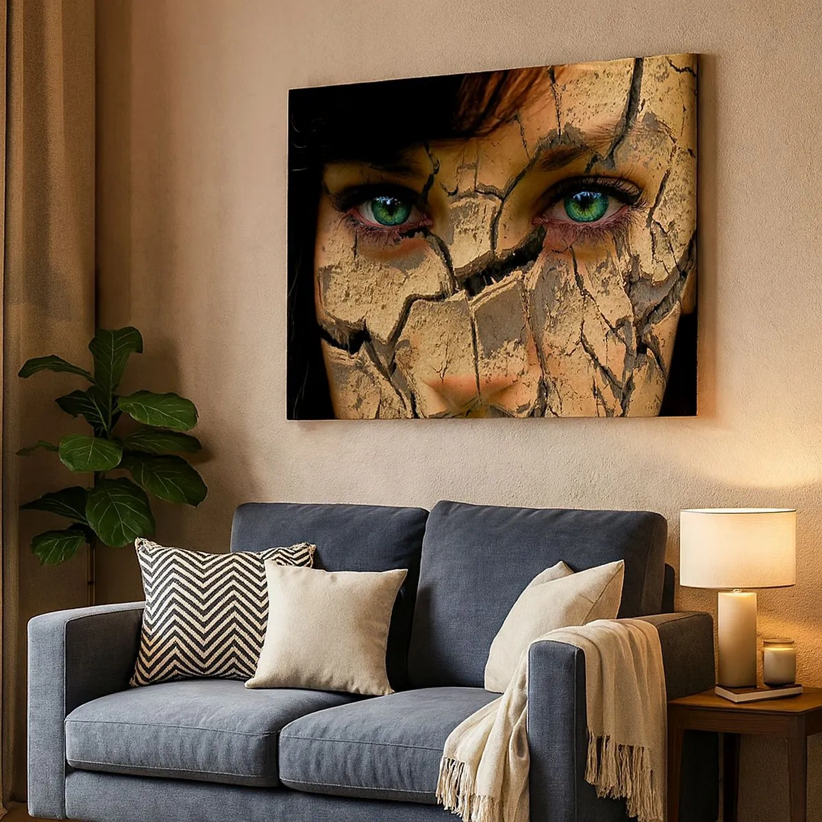 Cuadro sobre lienzo - Impresión de Imagen - El rostro de una mujer de ojos verdes cubierto con una estructura de tierra agrietada. - 70x50cm - Deleite y asombro - Decoración de pared moderna para salón y dormitorio ARTTOR