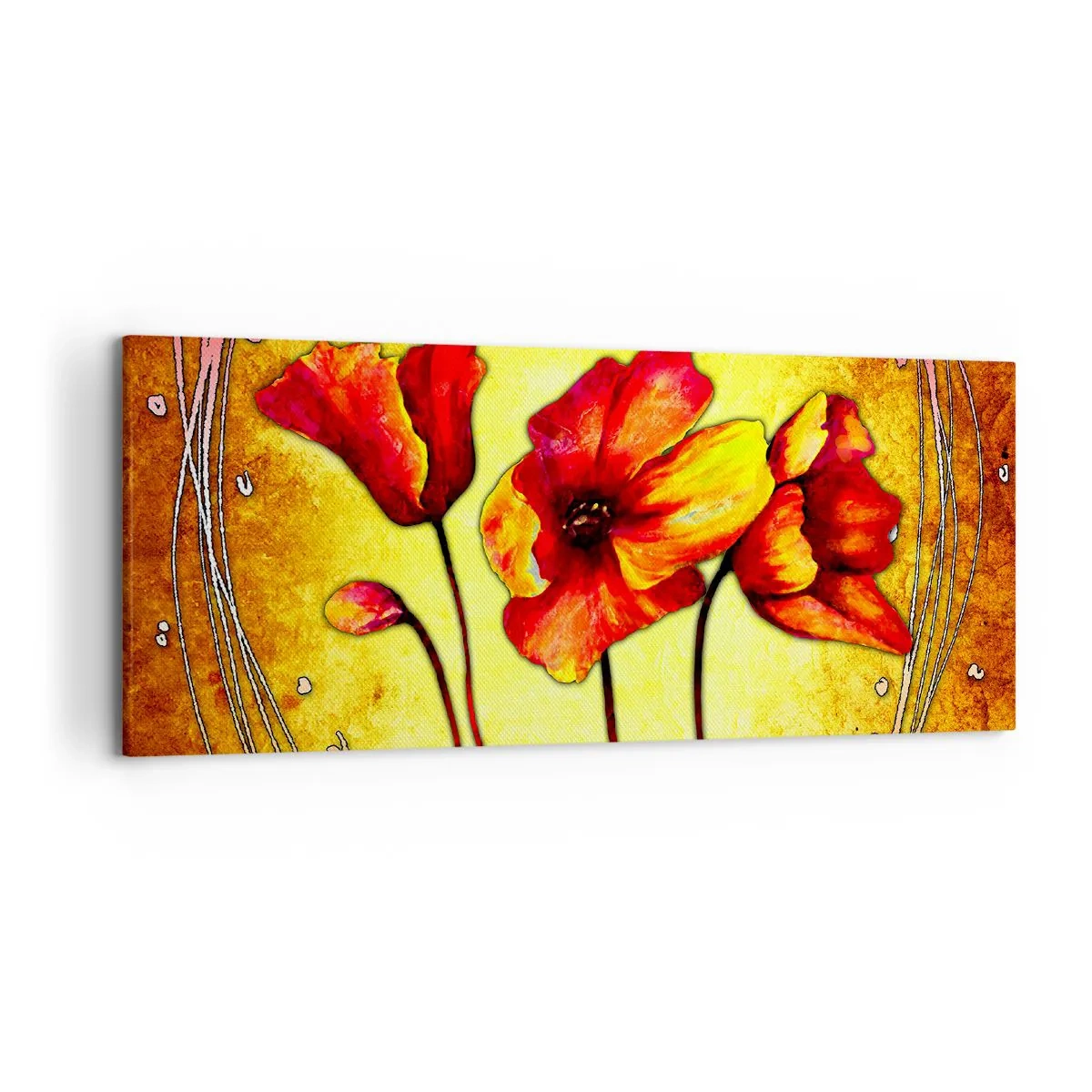 Cuadro sobre lienzo - Impresión de Imagen - Flores rojas y amarillas sobre un fondo dorado con patrones decorativos. - 120x50cm - En decoración Art Nouveau - Decoración de pared moderna para salón y dormitorio ARTTOR
