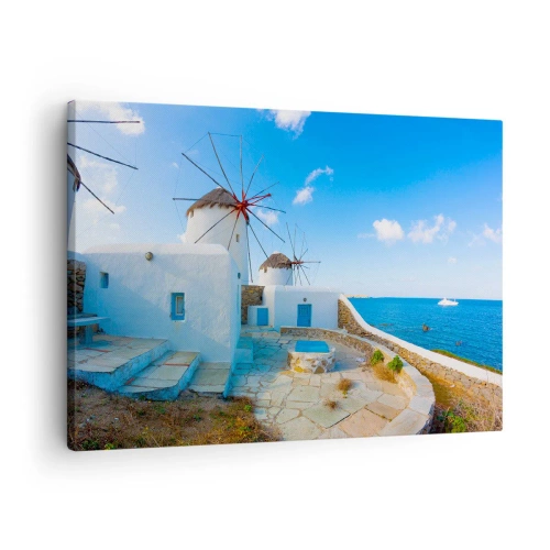 Cuadro sobre lienzo - Impresión de Imagen - Molinos de viento blancos en las orillas del mar azul - 70x50cm - Viento azul marino - Decoración de pared moderna para salón y dormitorio ARTTOR