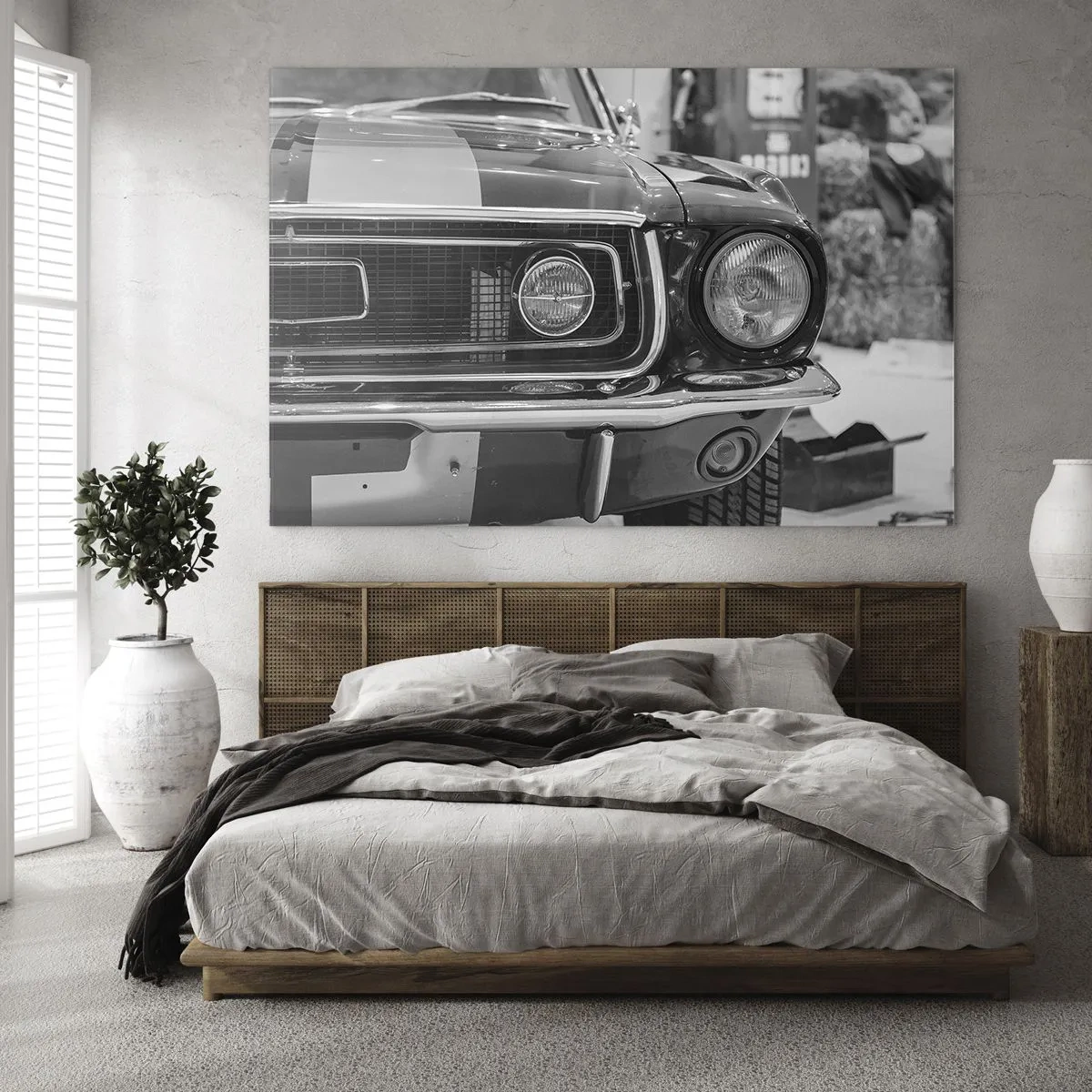 Cuadro sobre vidrio - Impresiones sobre Vidrio - Primer plano del frontal de un coche de carreras clásico. - 100x70cm - Paseo rudo - Decoración de pared moderna para salón y dormitorio ARTTOR