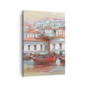 Cuadro sobre lienzo - Impresión de Imagen - Barcos coloridos y edificios pintorescos junto al agua en tonos pastel. - 50x70cm - Ciudad feliz - Decoración de pared moderna para salón y dormitorio ARTTOR