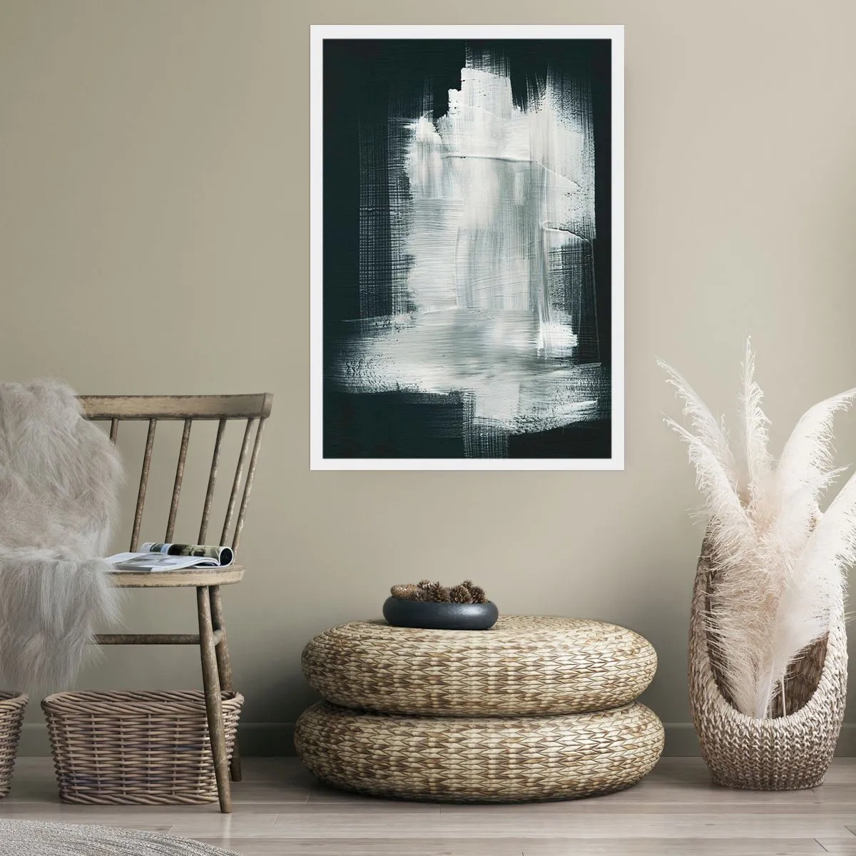 Póster - Composición abstracta en blanco sobre fondo oscuro. - 50x70cm - Tejido vertical y horizontal - Decoración de pared moderna para salón y dormitorio ARTTOR