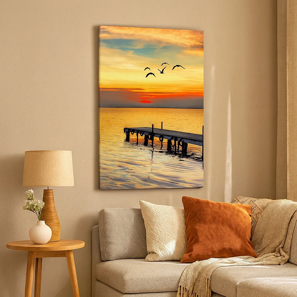 Cuadro sobre lienzo - Impresión de Imagen - Puesta de sol con un velero y un muelle en un lago tranquilo - 50x70cm - Regresos nocturnos - Decoración de pared moderna para salón y dormitorio ARTTOR