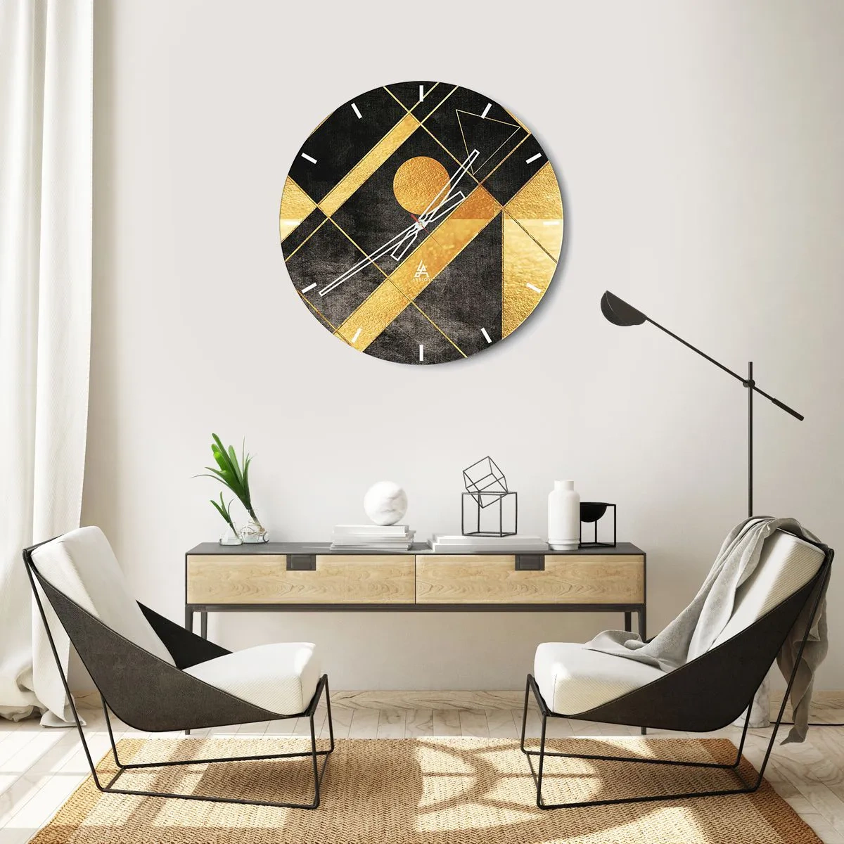 Reloj de pared - Reloj de vidrio - Formas geométricas doradas sobre un fondo negro con un motivo solar. - 30x30cm - Sol del desierto - Decoración de pared moderna para salón, cocina y dormitorio ARTTOR
