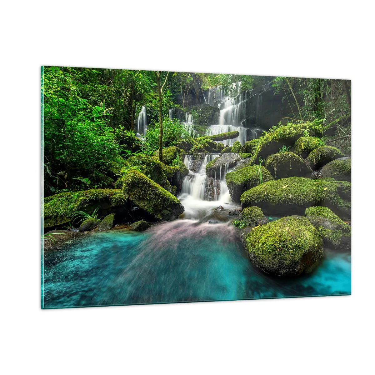 Cuadro sobre vidrio - Impresiones sobre Vidrio - Una cascada exótica rodeada de exuberante vegetación y agua turquesa. - 120x80cm - Turquesa, zafiro y plata líquida - Decoración de pared moderna para salón y dormitorio ARTTOR