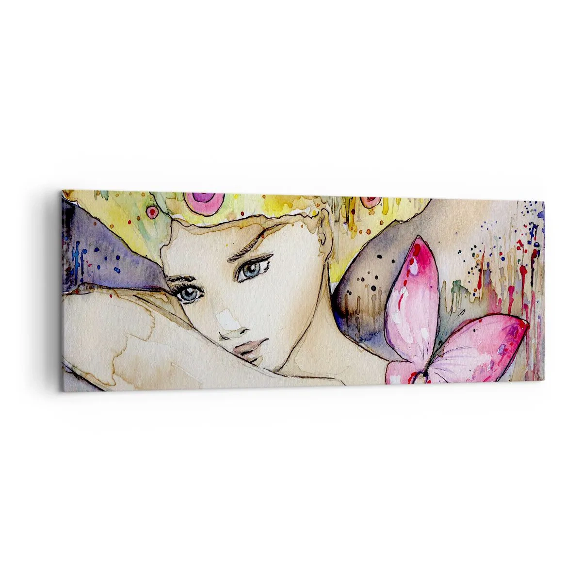 Cuadro sobre lienzo - Impresión de Imagen - Una mujer con un peinado abstracto y una mariposa rosa. - 140x50cm - Una princesa mariposa - Decoración de pared moderna para salón y dormitorio ARTTOR