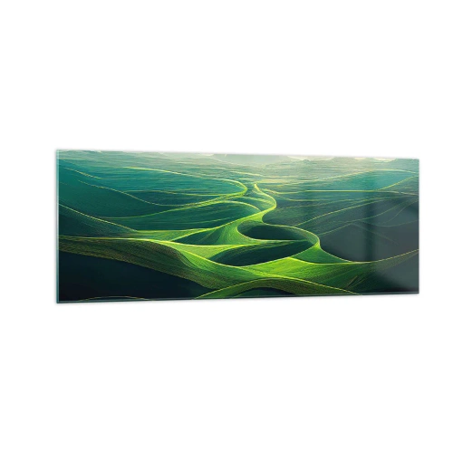 Cuadro sobre vidrio - Impresiones sobre Vidrio - Colinas verdes con senderos ondulados - 140x50cm - Valles en tonos verdes - Decoración de pared moderna para salón y dormitorio ARTTOR