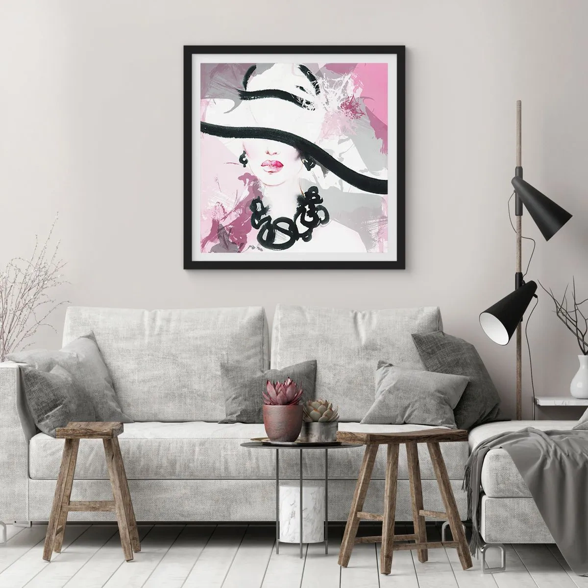 Póster en marco negro - Retrato de una dama en negro y rosa - 30x30 cm