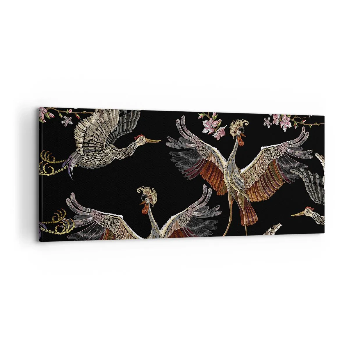 Cuadro sobre lienzo - Impresión de Imagen - Grullas y flores elegantes sobre un fondo negro. - 120x50cm - Aves de cuento de hadas - Decoración de pared moderna para salón y dormitorio ARTTOR