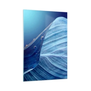 Cuadro sobre vidrio - Impresiones sobre Vidrio - Una hoja azul con gotas de agua visibles. - 70x100cm - Gotas ocultas de azul - Decoración de pared moderna para salón y dormitorio ARTTOR