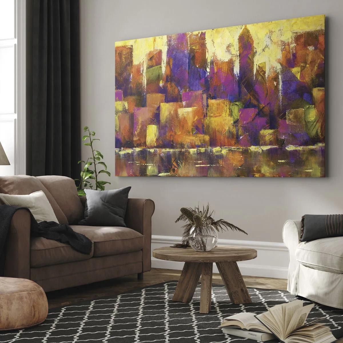 Cuadro sobre lienzo - Impresión de Imagen - Composición abstracta de una metrópolis en tonos amarillos y morados. - 70x50cm - Composición metropolitana - Decoración de pared moderna para salón y dormitorio ARTTOR