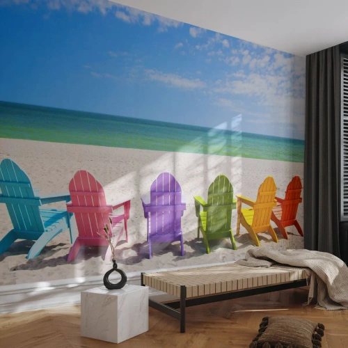 Fotomural Autadhesivo Deluxe Sticker - Playa arco iris - Paisaje, Playa, Sillas de jardín - 500x350 cm