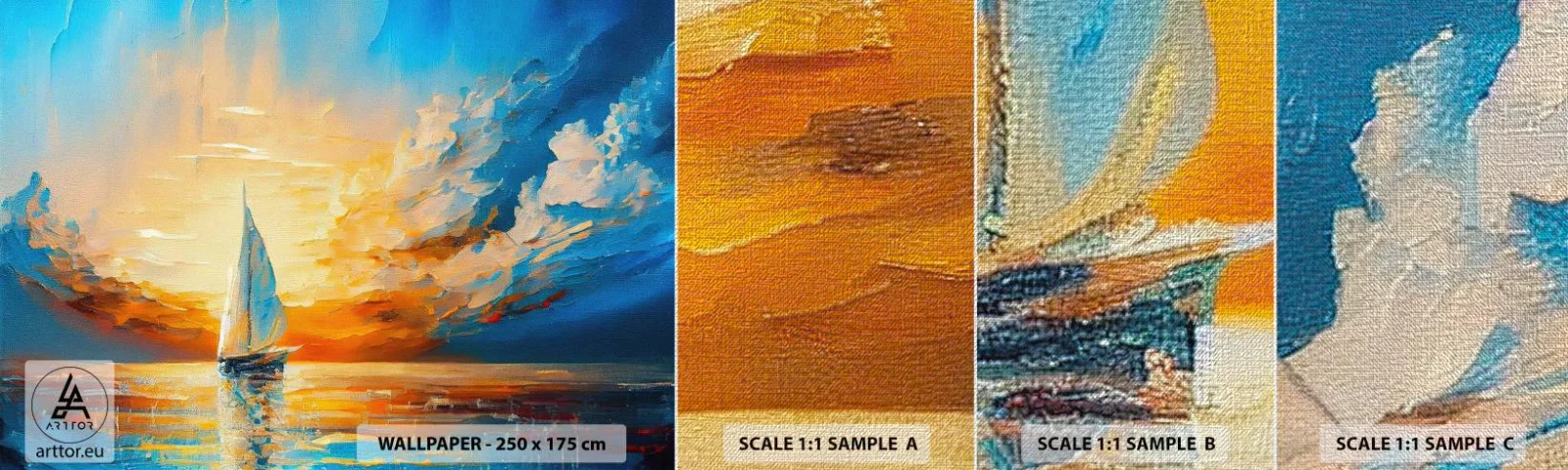 Muestra de fotomural Premium Canvas - Navegando en oro - Paisaje, Náutico, Velero - 100x30 cm