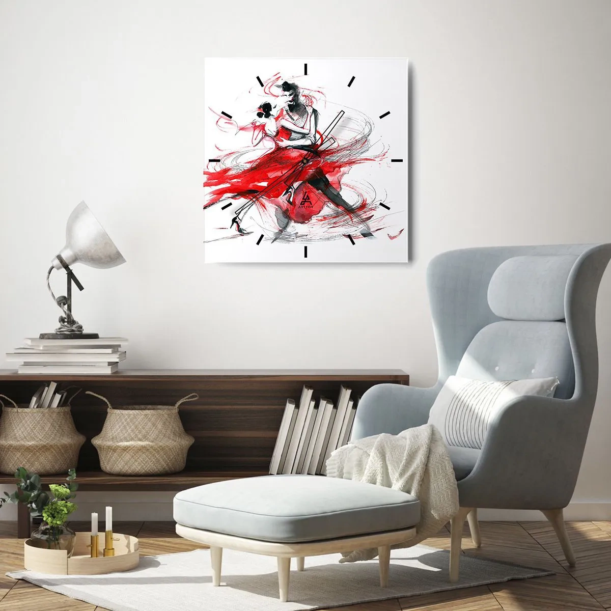 Reloj de pared - Reloj de vidrio - Bailarines en un baile dinámico con acentos rojos. - 30x30cm - El tango: el ritmo de la pasión - Decoración de pared moderna para salón y dormitorio ARTTOR