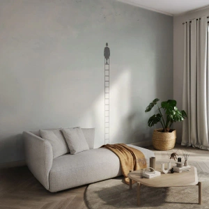 Fotomural Premium Canvas - Un hombre en una escalera que sube hacia el cielo. - 100x70cm - Hacia lo más alto - Decoración de pared moderna para salón y dormitorio ARTTOR