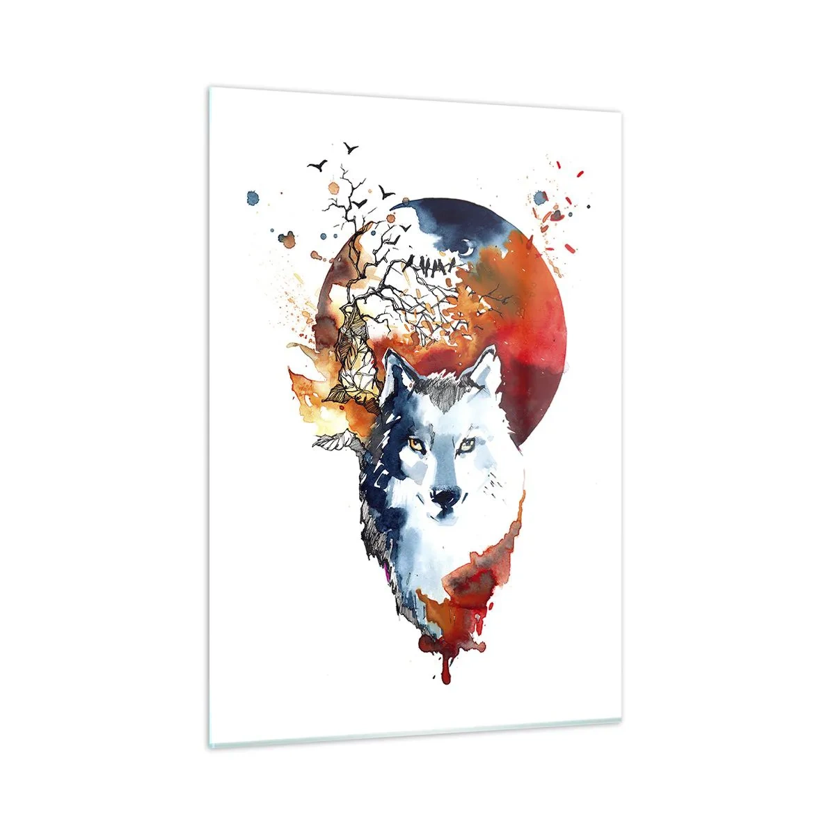 Cuadro sobre vidrio - Impresiones sobre Vidrio - Ilustración de un lobo con una luna llena al fondo. - 50x70cm - El acecho nocturno - Decoración de pared moderna para salón y dormitorio ARTTOR