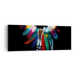 Cuadro sobre lienzo - Impresión de Imagen - Plumas de colores sobre un fondo negro en una composición artística. - 140x50cm - Collar indio - Decoración de pared moderna para salón y dormitorio ARTTOR