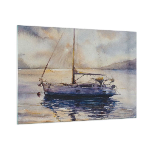 Cuadro sobre vidrio - Impresiones sobre Vidrio - Un yate amarrado en una bahía tranquila al anochecer. - 100x70cm - Atardecer en la bahía - Decoración de pared moderna para salón y dormitorio ARTTOR