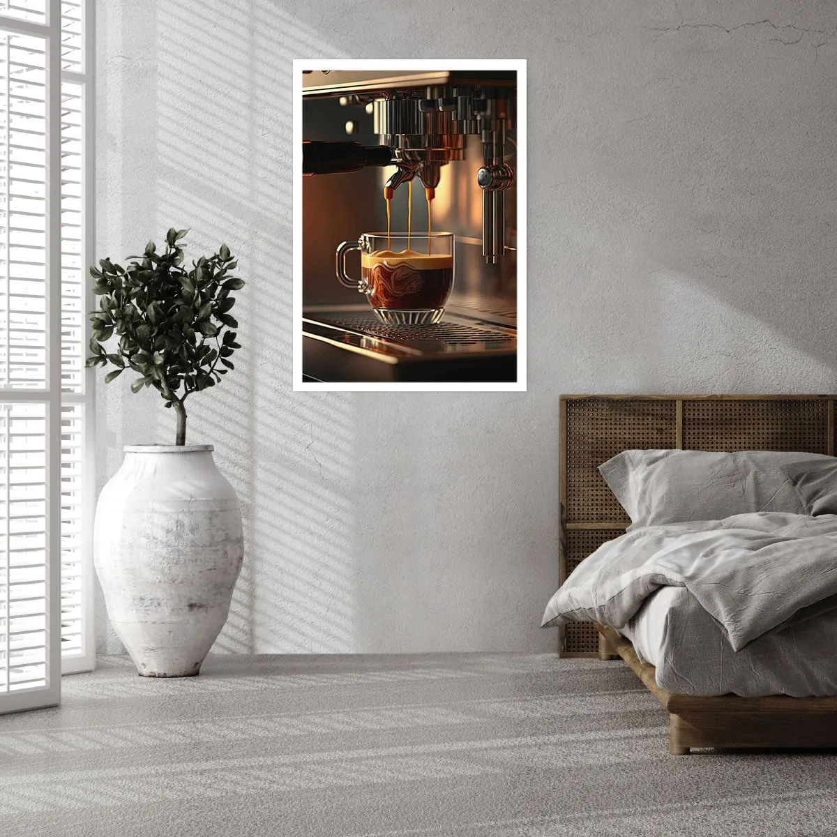 Póster - Una máquina de café que vierte café expreso en una taza. - 50x70cm - Un brebaje sensual - Decoración de pared moderna para salón y dormitorio ARTTOR