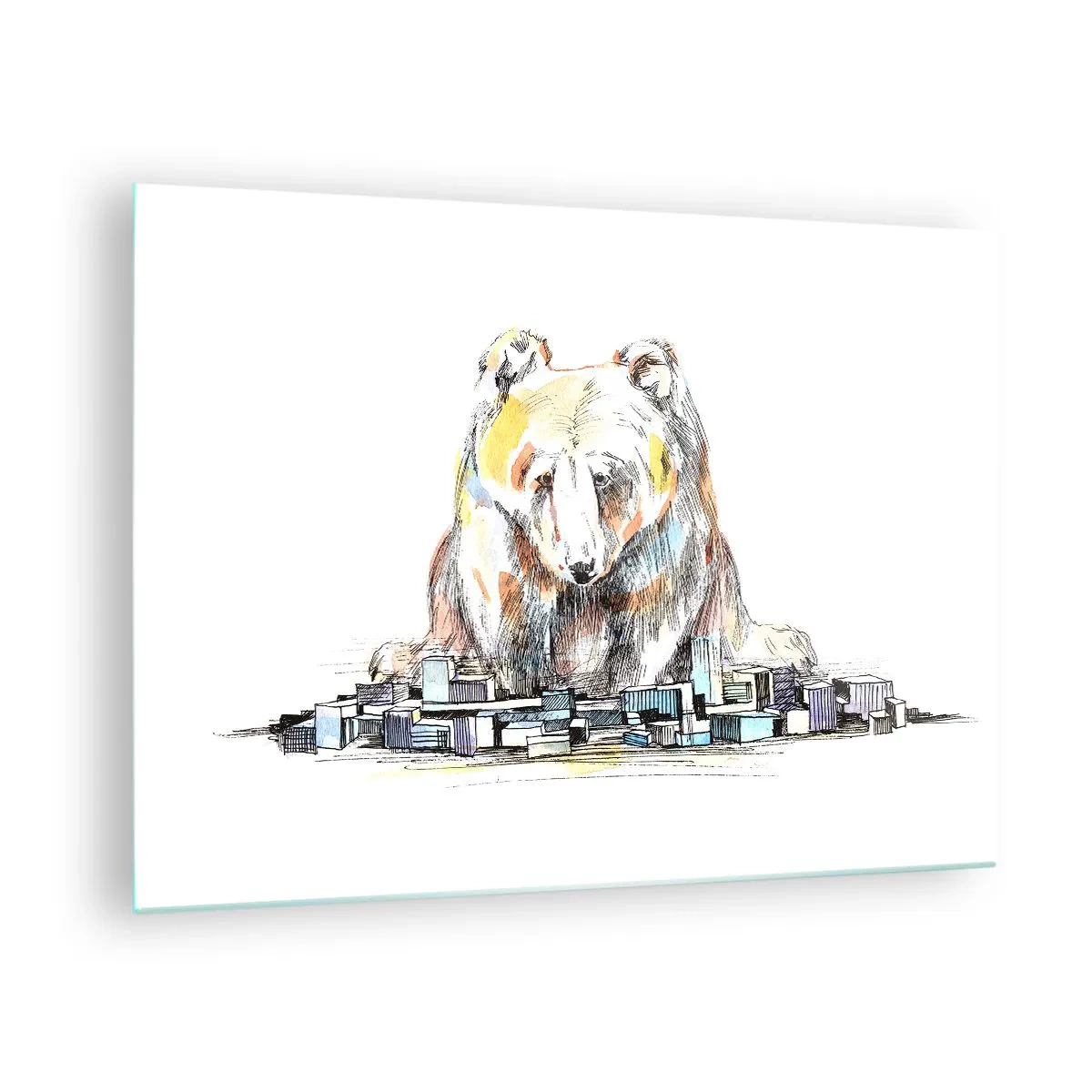 Cuadro sobre vidrio - Impresiones sobre Vidrio - Un oso mirando la ciudad en una composición artística. - 70x50cm - ¿Cómo podéis vivir así? - Decoración de pared moderna para salón y dormitorio ARTTOR