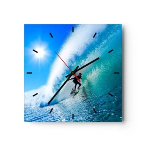 Reloj de pared - Reloj de vidrio - Un surfista en una tabla se desliza dentro de una poderosa ola bajo un cielo azul. - 30x30cm - A través de la gran ola - Decoración de pared moderna para salón y dormitorio ARTTOR