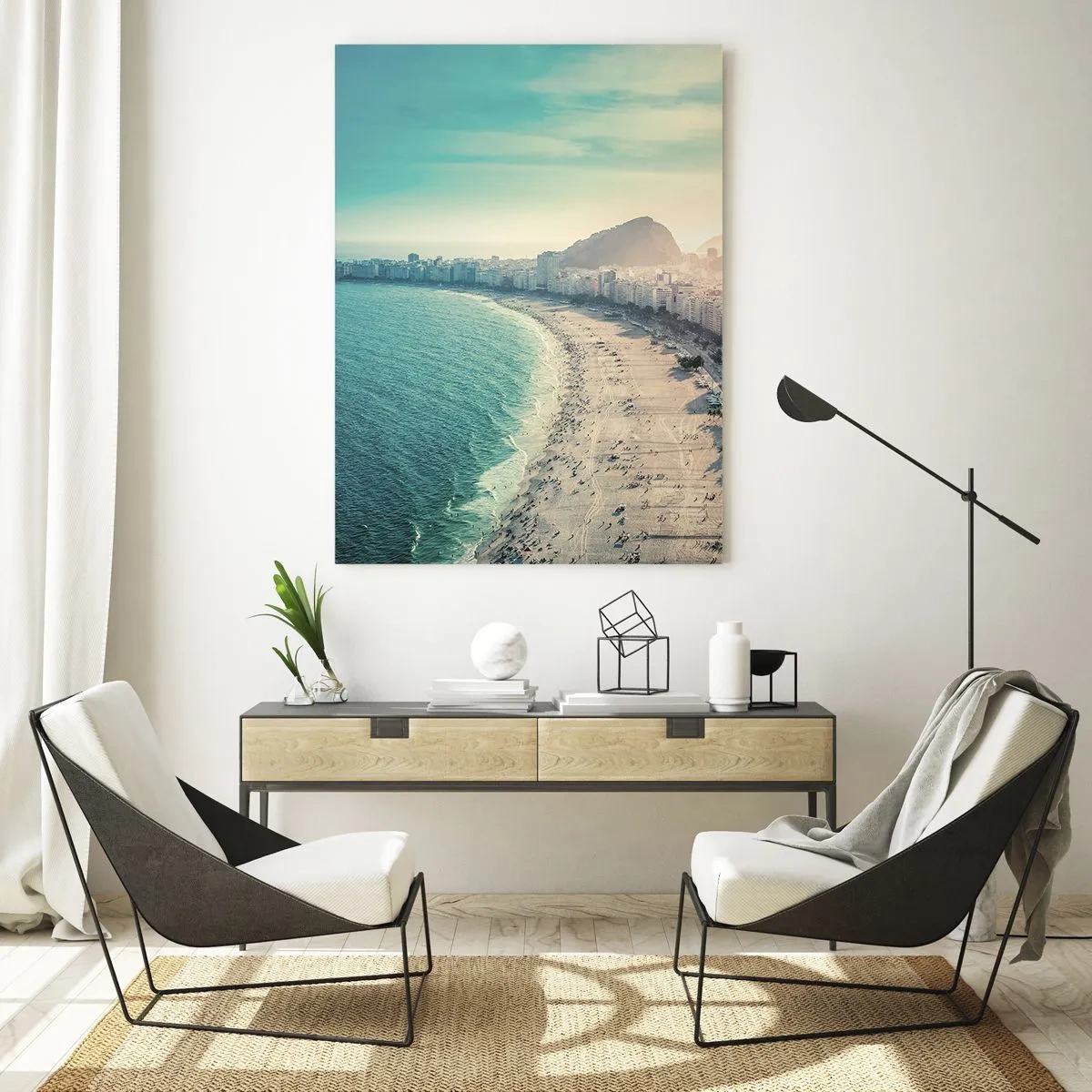Cuadro sobre vidrio - Impresiones sobre Vidrio - Panorama de la playa con edificios urbanos y fondo de montaña - 50x70cm - Vacaciones perpetuas en Río - Decoración de pared moderna para salón y dormitorio ARTTOR