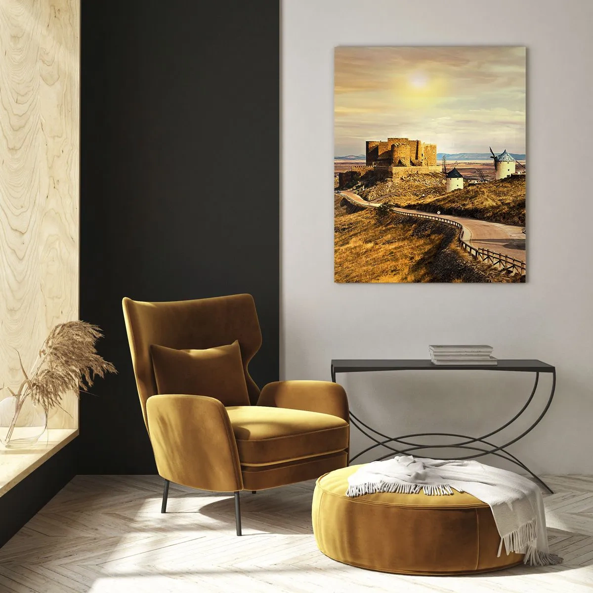 Cuadro sobre vidrio - Impresiones sobre Vidrio - Molinos de viento en las colinas con un castillo histórico al fondo - 70x100cm - Don Quijote los vio - Decoración de pared moderna para salón y dormitorio ARTTOR