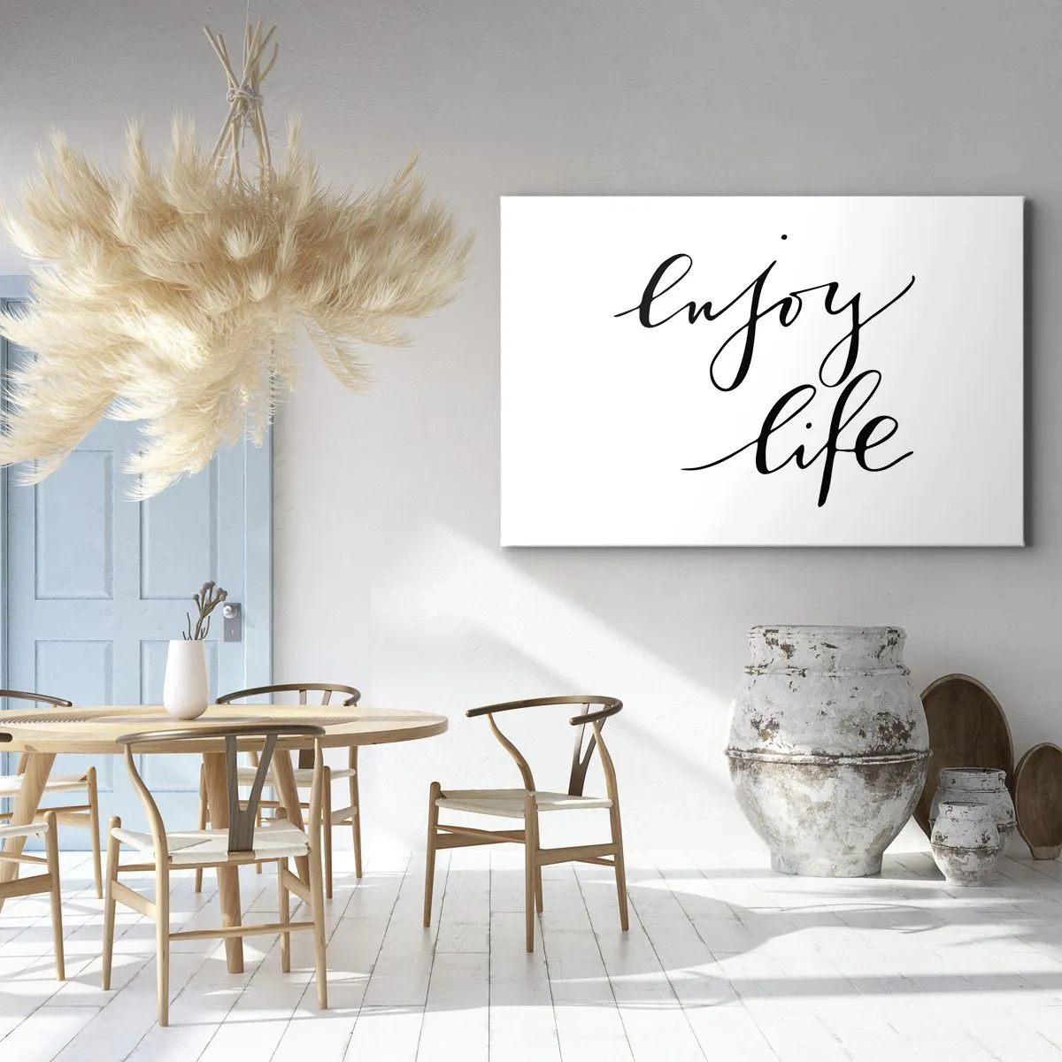 Cuadro sobre lienzo - Impresión de Imagen - La cita "disfruta la vida" en caligrafía negra sobre fondo blanco. - 70x50cm - Nada que añadir... - Decoración de pared moderna para salón y dormitorio ARTTOR