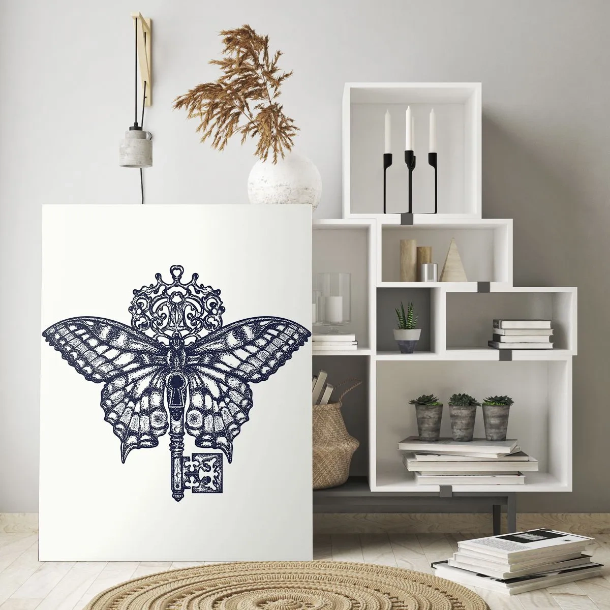 Cuadro sobre vidrio - Impresiones sobre Vidrio - Ilustración de una mariposa con una llave en el centro. - 50x70cm - Todos los secretos del corazón - Decoración de pared moderna para salón y dormitorio ARTTOR