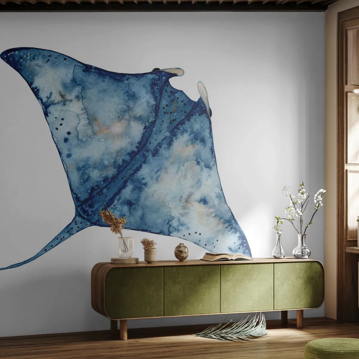 Fotomural Premium Sand - La vida en azul - mantarraya, Pez, Estilo costero - 400x280 cm