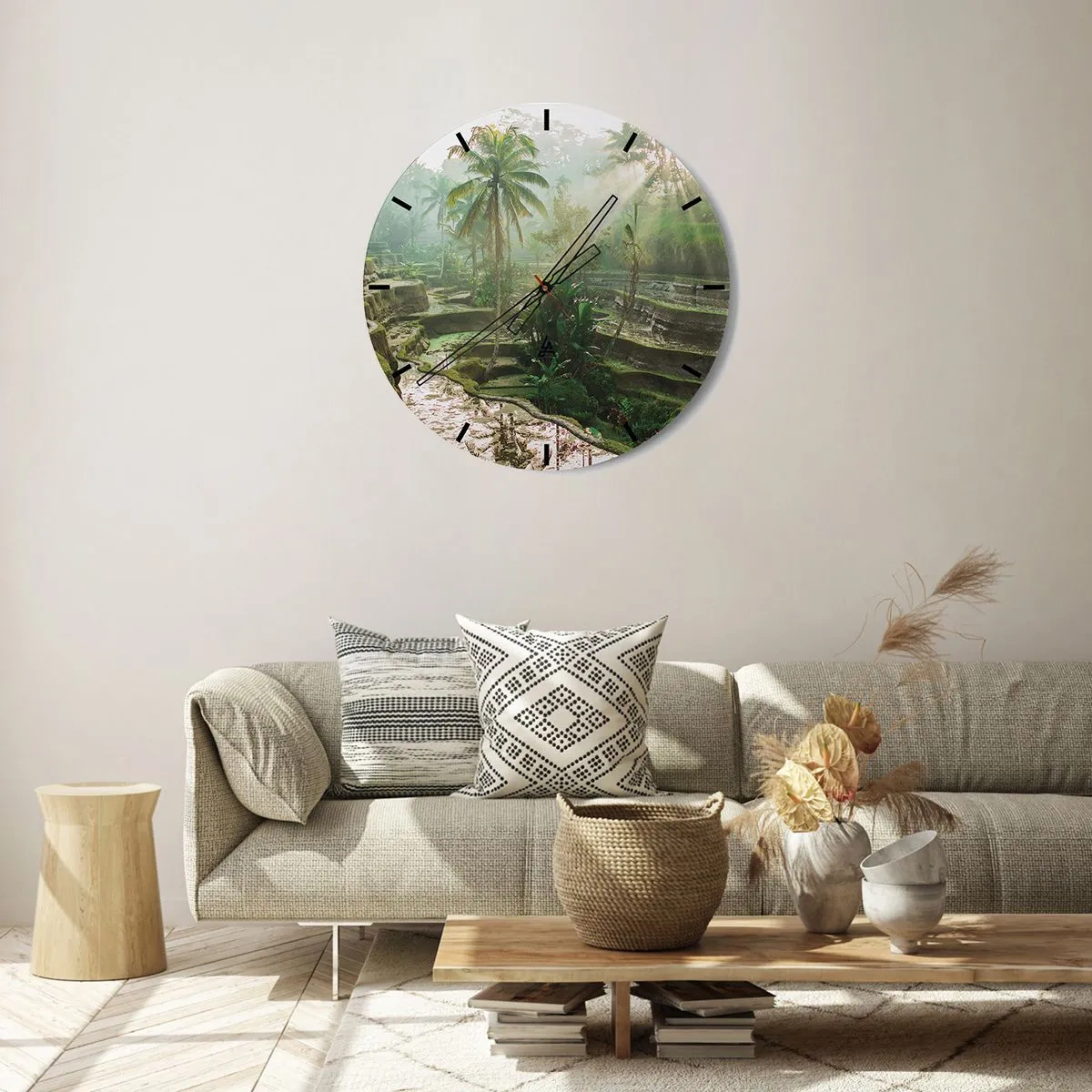 Reloj de pared - Reloj de vidrio - Terrazas de arroz en un paisaje tropical en una mañana brumosa - 30x30cm - Crecer bajo el sol - Decoración de pared moderna para salón, cocina y dormitorio ARTTOR