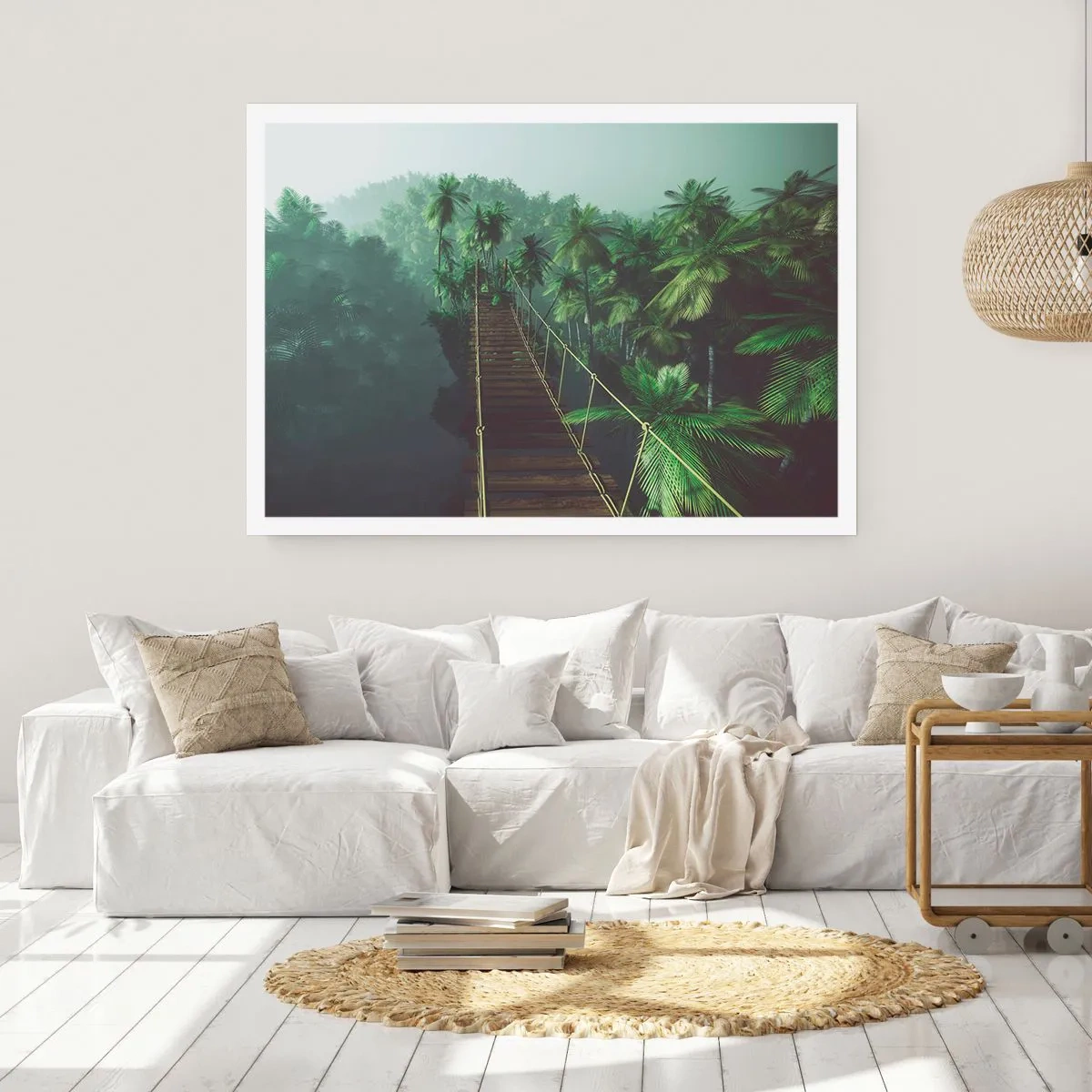Póster - Un puente colgante en un bosque tropical rodeado de niebla. - 100x70cm - Sobre un mar de verde - Decoración de pared moderna para salón y dormitorio ARTTOR