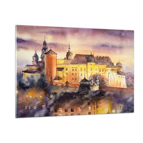 Cuadro sobre vidrio - Impresiones sobre Vidrio - Ilustración en acuarela de un castillo en una colina al atardecer - 120x80cm - Una historia y un cuento - Decoración de pared moderna para salón y dormitorio ARTTOR