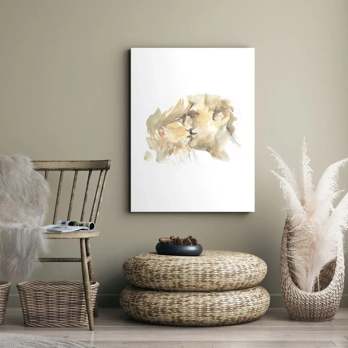 Cuadro sobre lienzo - Impresión de Imagen - Retrato romántico en acuarela de una pareja besándose. - 70x100cm - ¿La media naranja encontrada? - Decoración de pared moderna para salón y dormitorio ARTTOR
